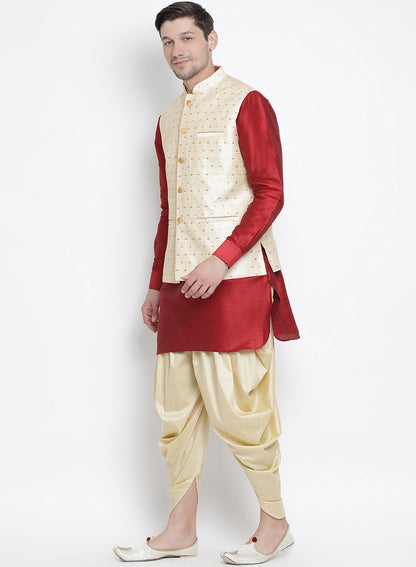 Men's Maroon Cotton Silk Blend Ethnic Jacket, Kurta and Dhoti Pant Set