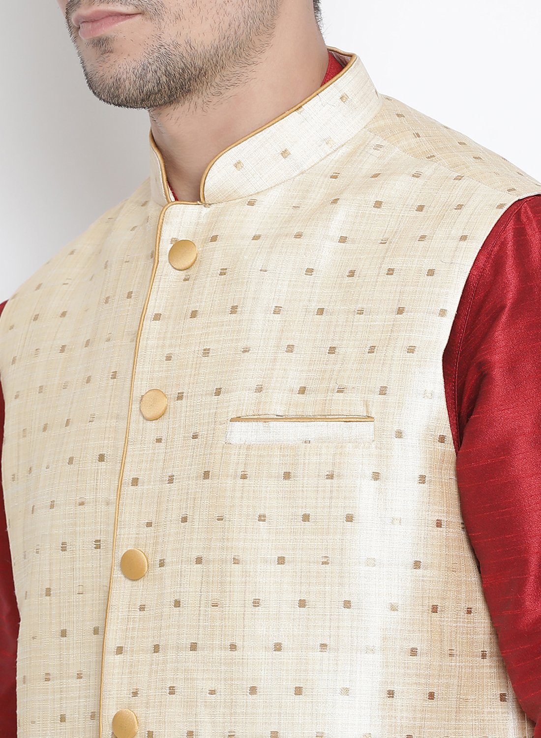 Men's Maroon Cotton Silk Blend Ethnic Jacket, Kurta and Dhoti Pant Set