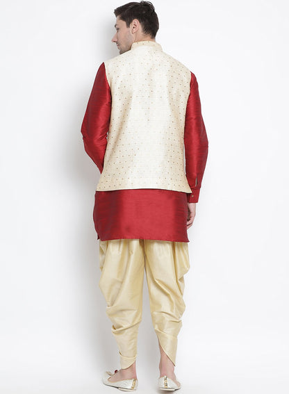 Men's Maroon Cotton Silk Blend Ethnic Jacket, Kurta and Dhoti Pant Set