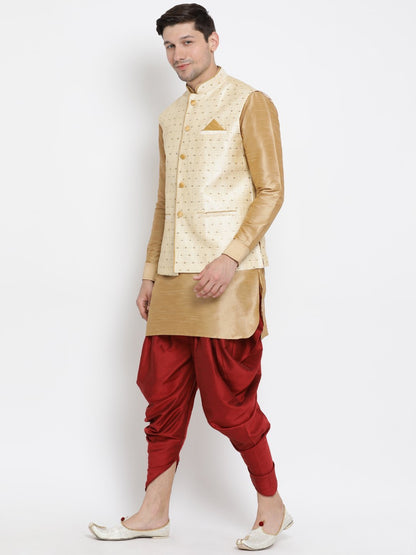 Men's Gold Cotton Silk Blend Ethnic Jacket, Kurta and Dhoti Pant Set
