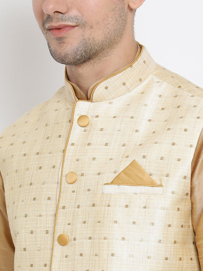 Men's Gold Cotton Silk Blend Ethnic Jacket, Kurta and Dhoti Pant Set
