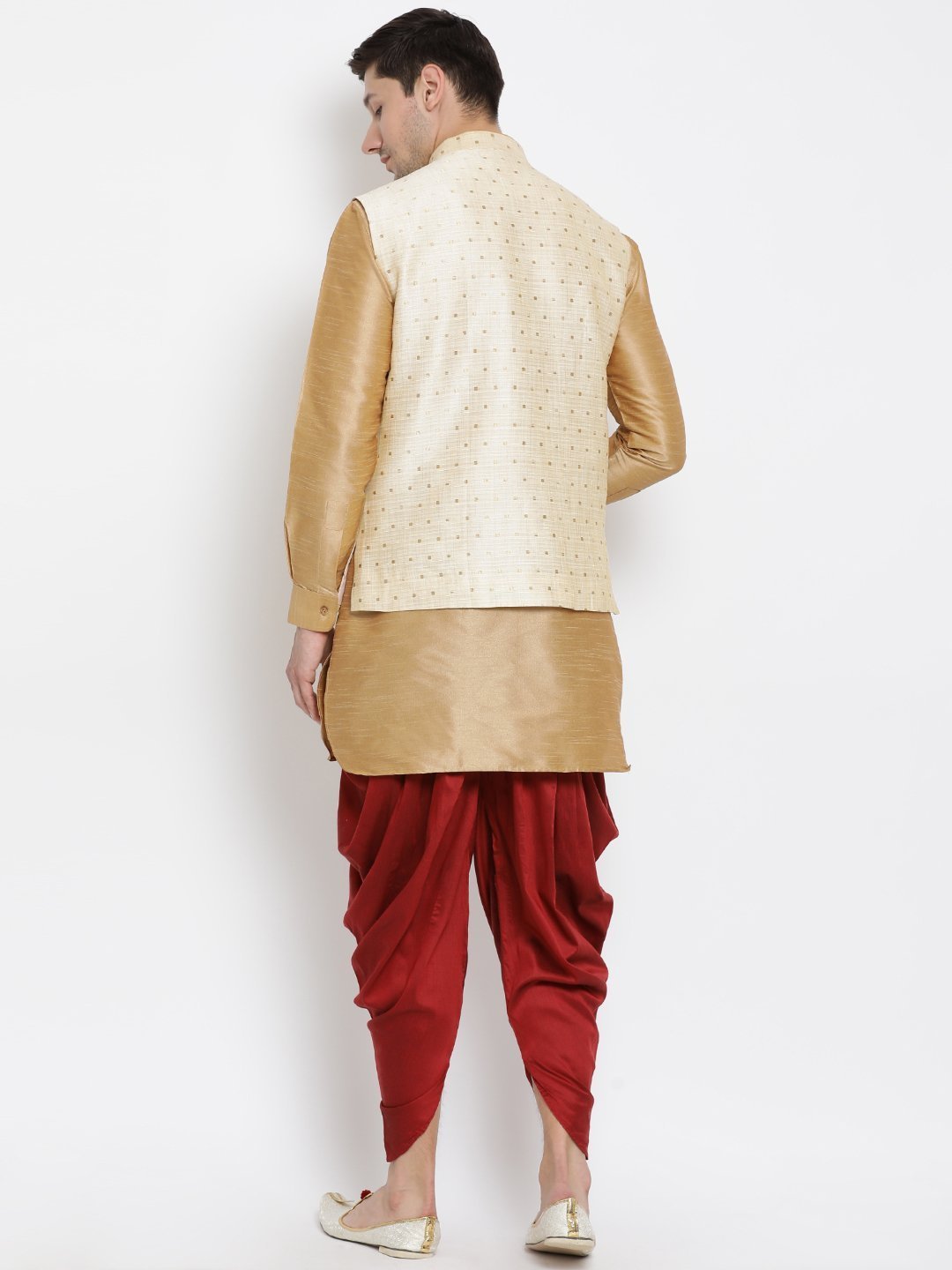 Men's Gold Cotton Silk Blend Ethnic Jacket, Kurta and Dhoti Pant Set