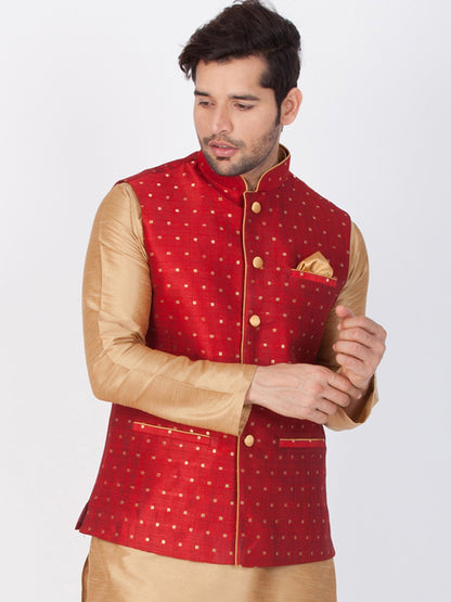 Men's Maroon Cotton Blend Ethnic Jacket