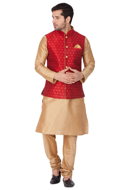 Men's Gold Cotton Silk Blend Kurta, Ethnic Jacket and Pyjama Set