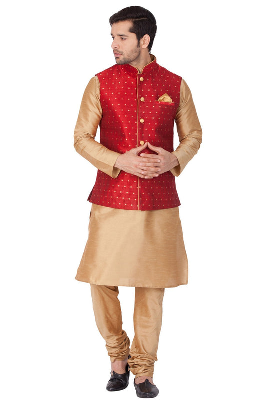 Men's Gold Cotton Silk Blend Kurta, Ethnic Jacket and Pyjama Set