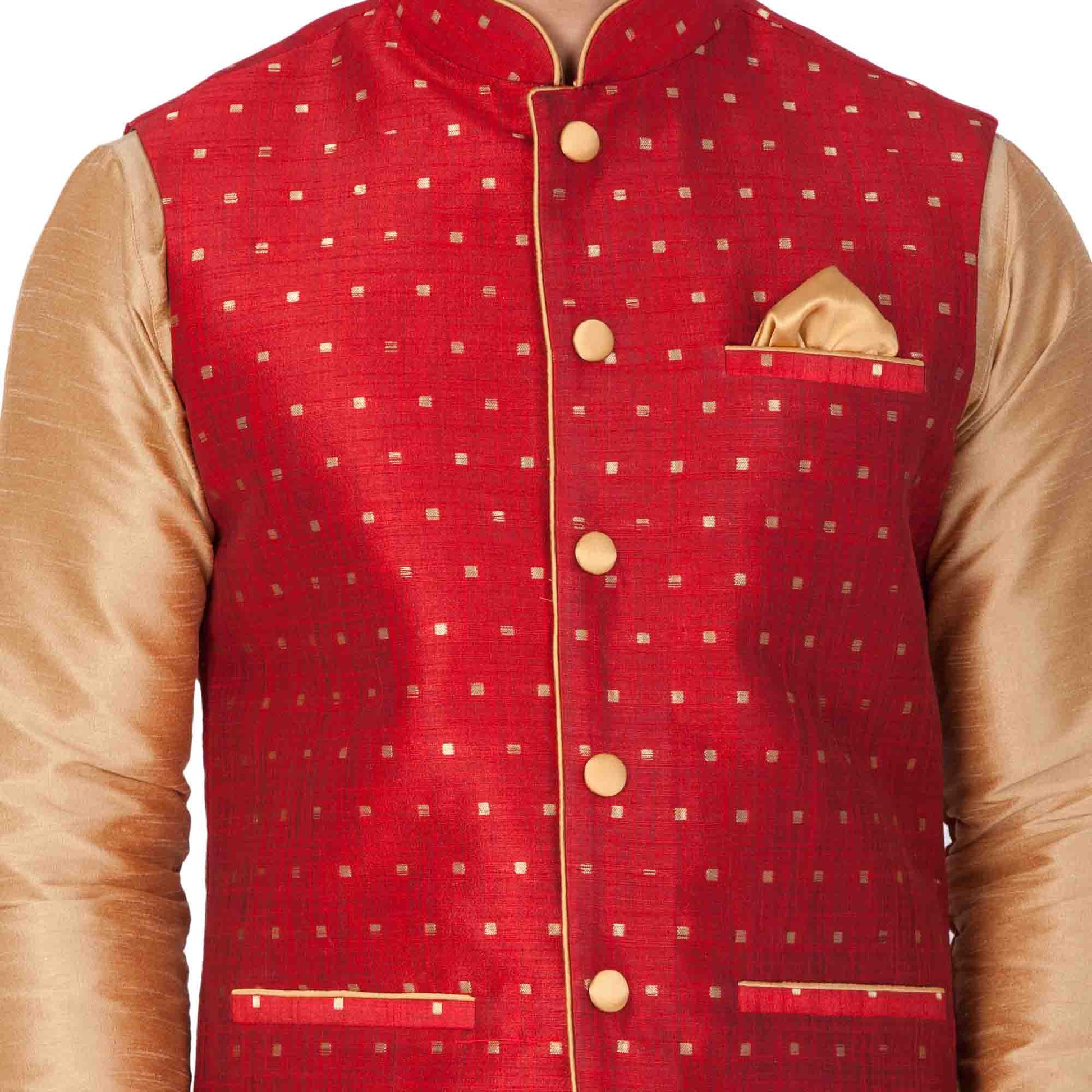 Men's Gold Cotton Silk Blend Kurta, Ethnic Jacket and Pyjama Set