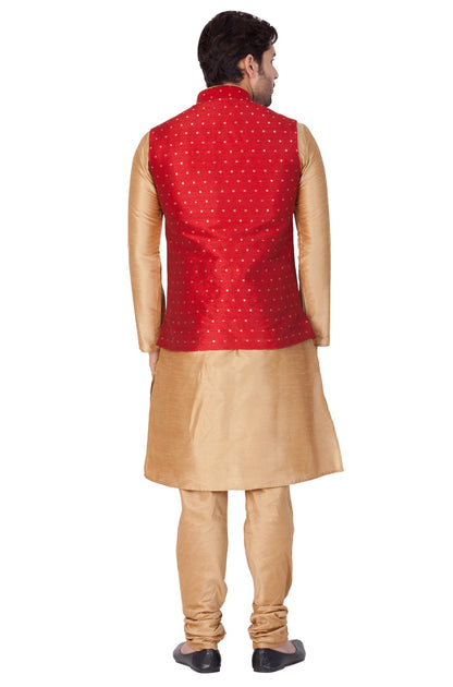 Men's Gold Cotton Silk Blend Kurta, Ethnic Jacket and Pyjama Set