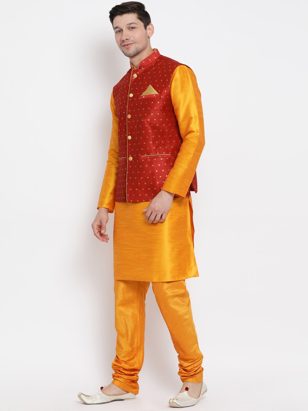 Men's Orange Cotton Silk Blend Kurta, Ethnic Jacket and Pyjama Set