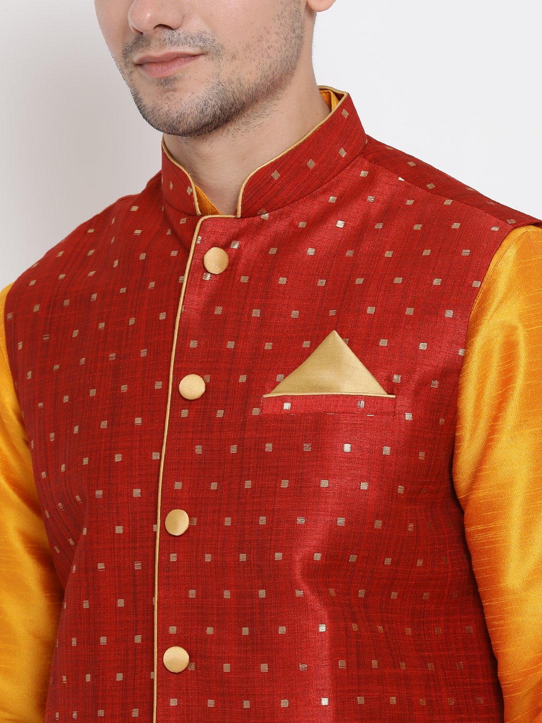 Men's Orange Cotton Silk Blend Kurta, Ethnic Jacket and Pyjama Set