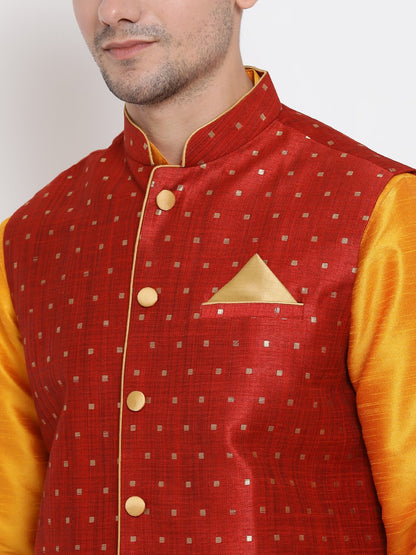 Men's Orange Cotton Silk Blend Kurta, Ethnic Jacket and Pyjama Set