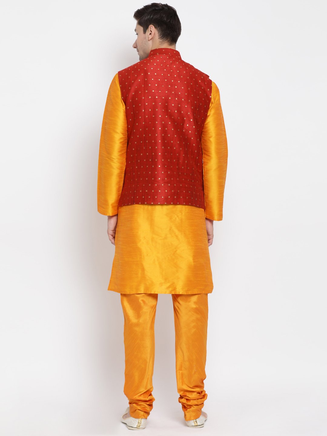 Men's Orange Cotton Silk Blend Kurta, Ethnic Jacket and Pyjama Set