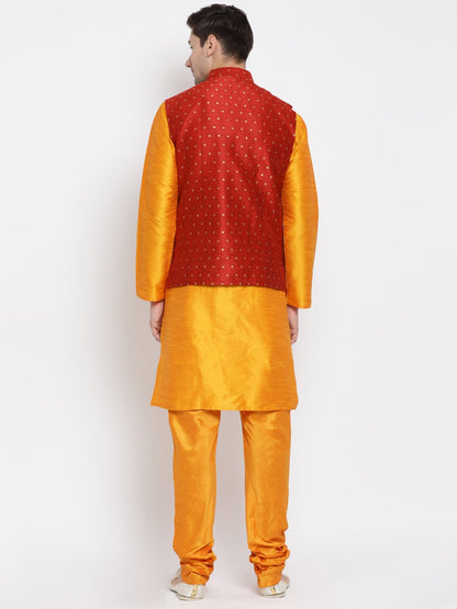 Men's Orange Cotton Silk Blend Kurta, Ethnic Jacket and Pyjama Set