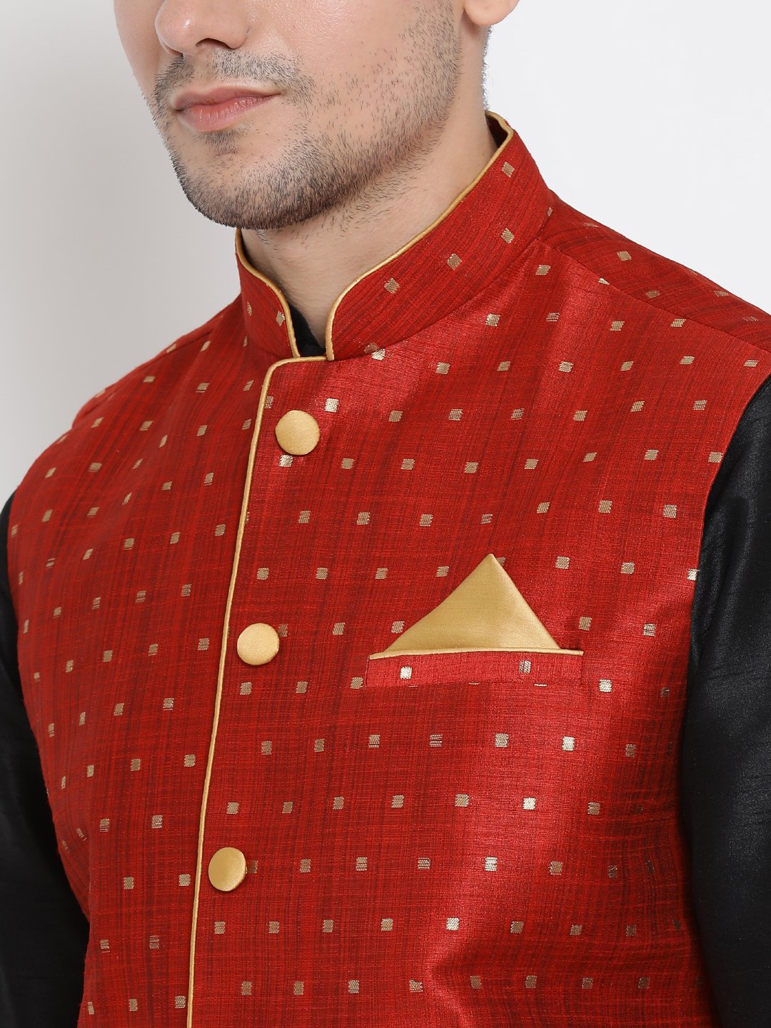 Men's Black Cotton Silk Blend Ethnic Jacket, Kurta and Dhoti Pant Set