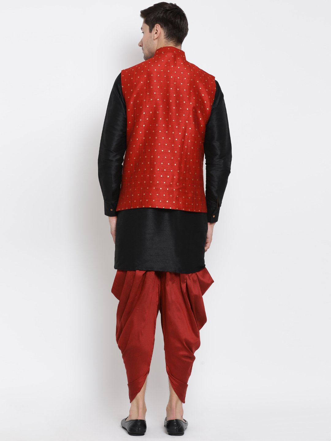 Men's Black Cotton Silk Blend Ethnic Jacket, Kurta and Dhoti Pant Set