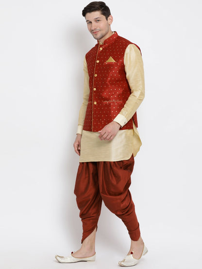 Men's Gold Cotton Silk Blend Ethnic Jacket, Kurta and Dhoti Pant Set