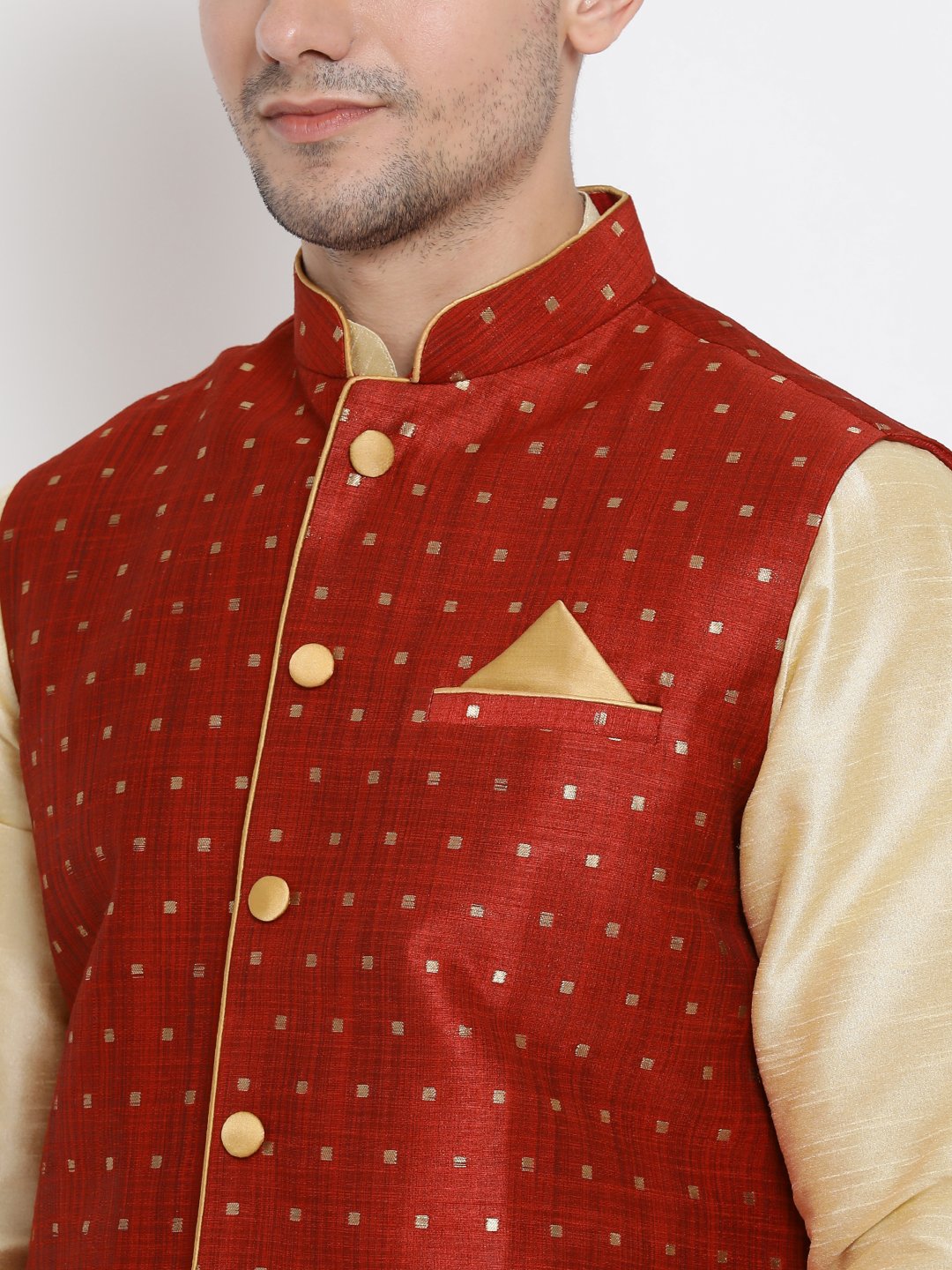 Men's Gold Cotton Silk Blend Ethnic Jacket, Kurta and Dhoti Pant Set