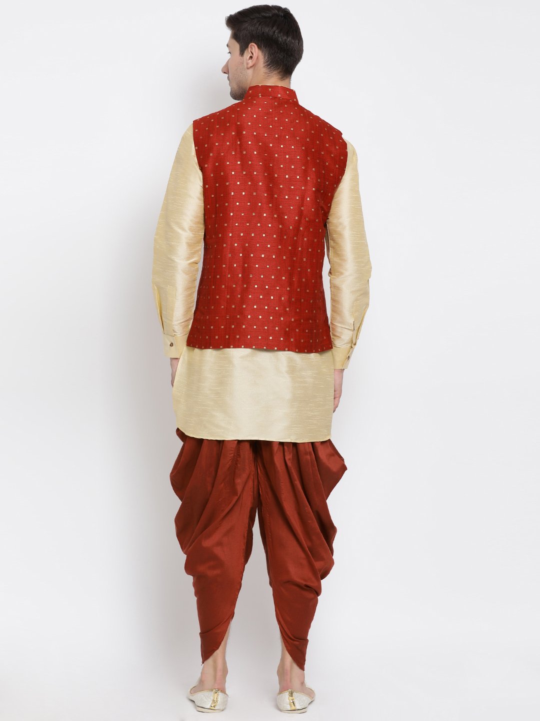 Men's Gold Cotton Silk Blend Ethnic Jacket, Kurta and Dhoti Pant Set