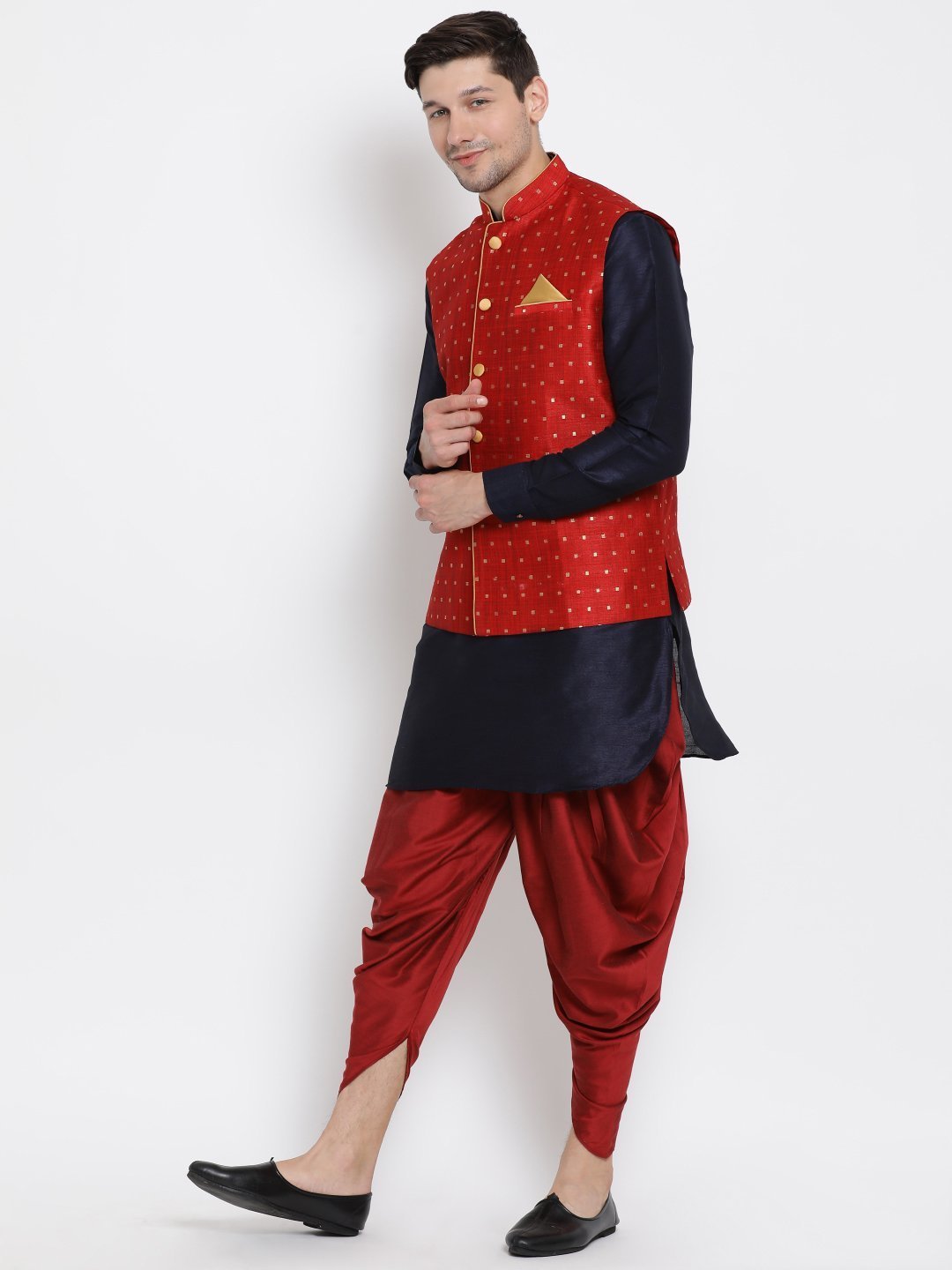 Men's Dark Blue Cotton Silk Blend Ethnic Jacket, Kurta and Dhoti Pant Set