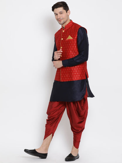 Men's Dark Blue Cotton Silk Blend Ethnic Jacket, Kurta and Dhoti Pant Set