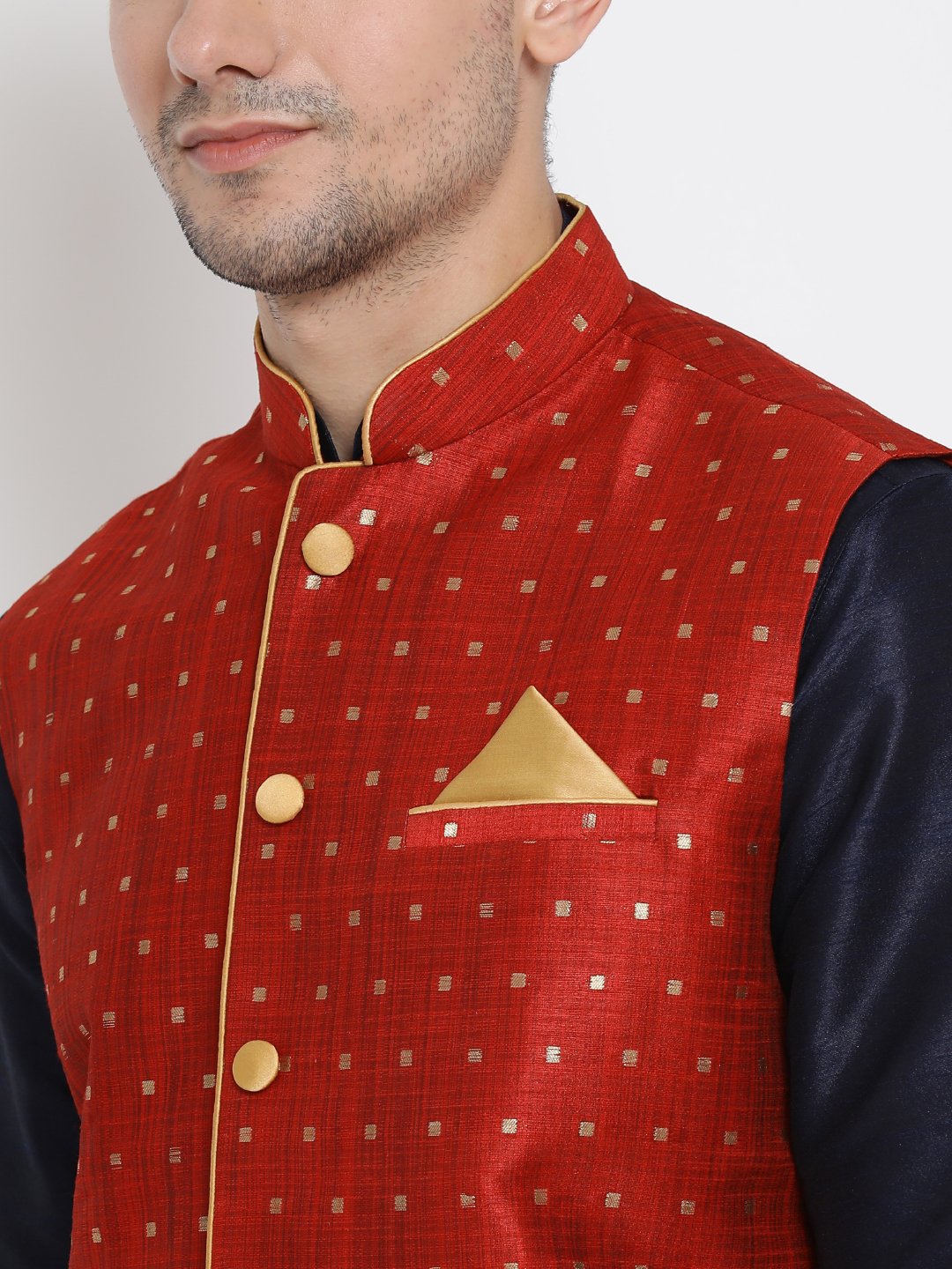 Men's Dark Blue Cotton Silk Blend Ethnic Jacket, Kurta and Dhoti Pant Set