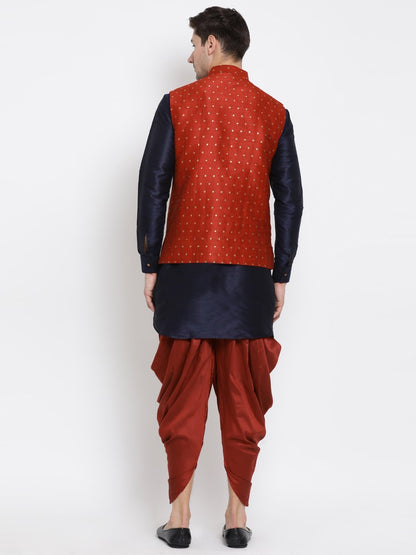 Men's Dark Blue Cotton Silk Blend Ethnic Jacket, Kurta and Dhoti Pant Set