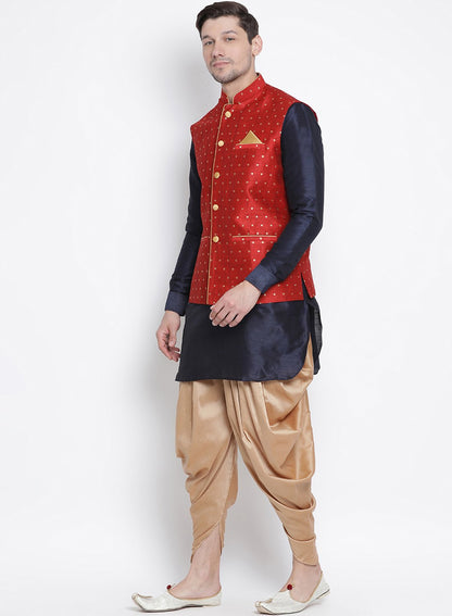 Men's Dark Blue Cotton Silk Blend Ethnic Jacket, Kurta and Dhoti Pant Set