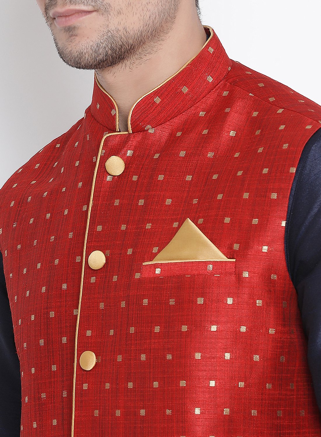 Men's Dark Blue Cotton Silk Blend Ethnic Jacket, Kurta and Dhoti Pant Set