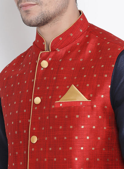 Men's Dark Blue Cotton Silk Blend Ethnic Jacket, Kurta and Dhoti Pant Set