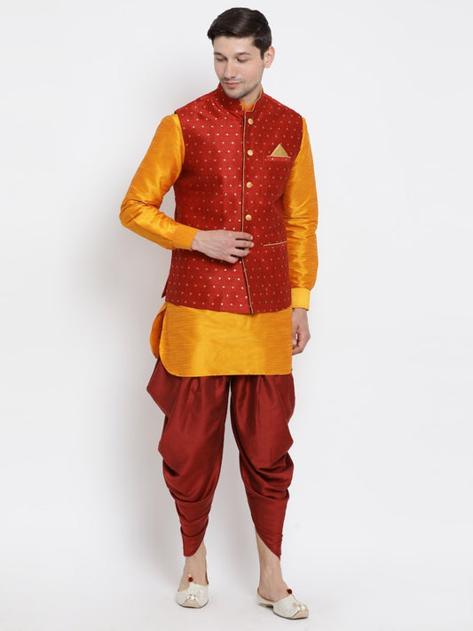 Men's Orange Cotton Silk Blend Ethnic Jacket, Kurta and Dhoti Pant Set