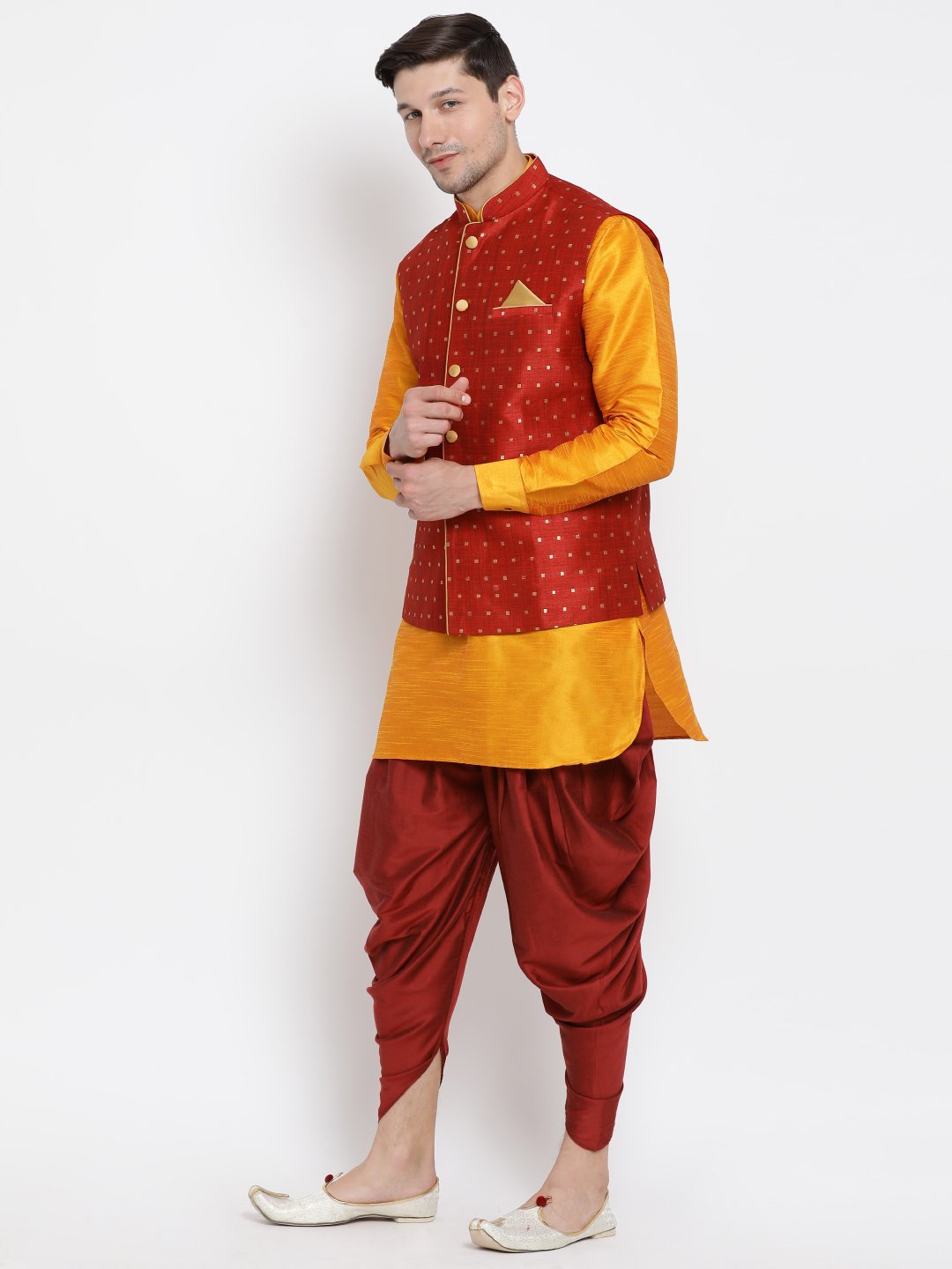Men's Orange Cotton Silk Blend Ethnic Jacket, Kurta and Dhoti Pant Set