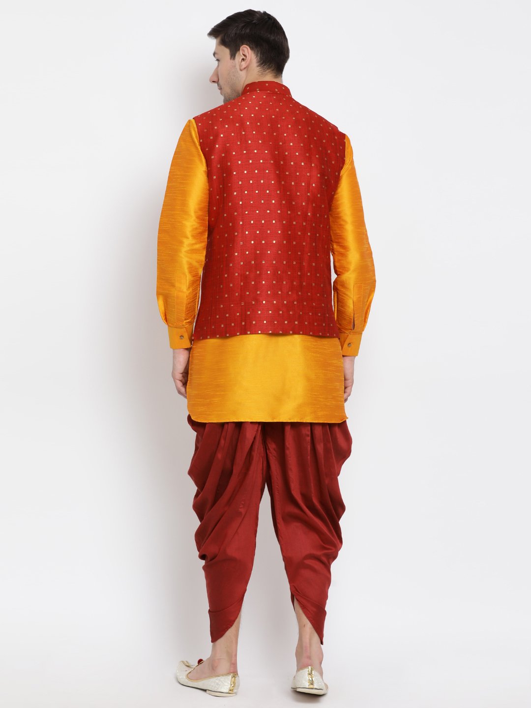 Men's Orange Cotton Silk Blend Ethnic Jacket, Kurta and Dhoti Pant Set