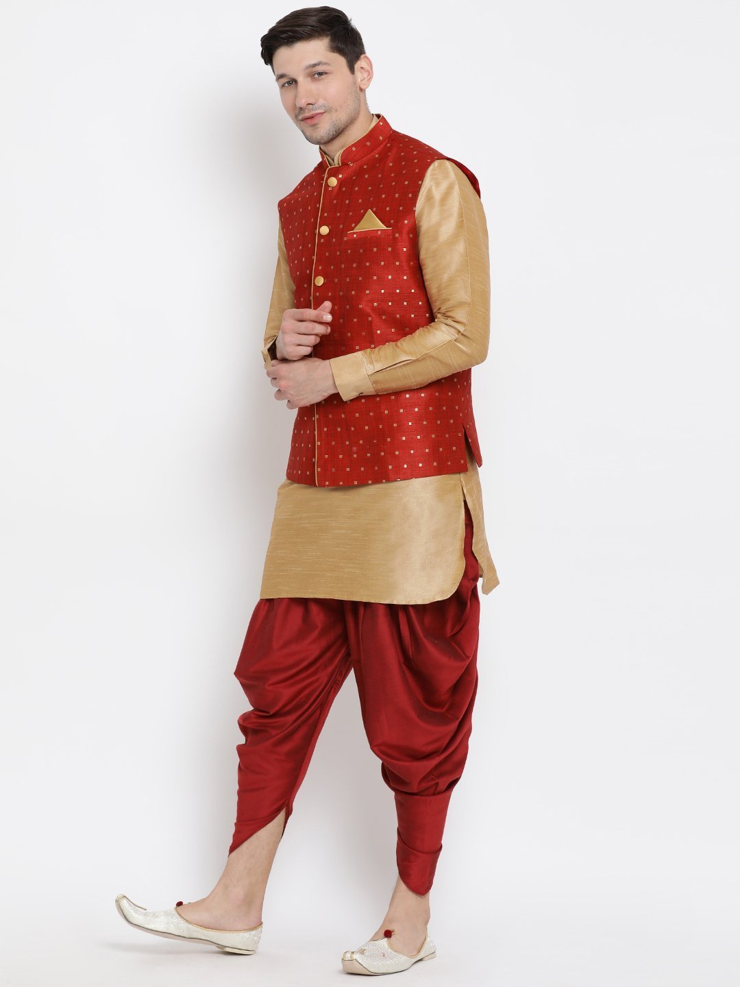 Men's Gold Cotton Silk Blend Ethnic Jacket, Kurta and Dhoti Pant Set