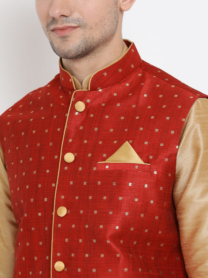Men's Gold Cotton Silk Blend Ethnic Jacket, Kurta and Dhoti Pant Set