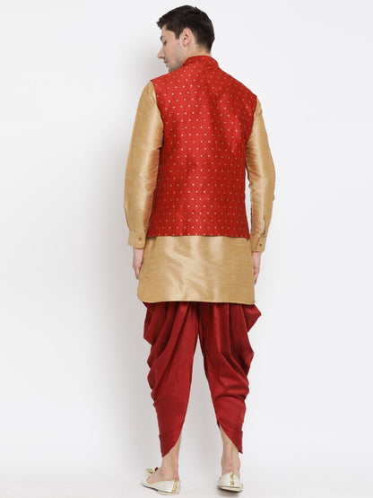 Men's Gold Cotton Silk Blend Ethnic Jacket, Kurta and Dhoti Pant Set