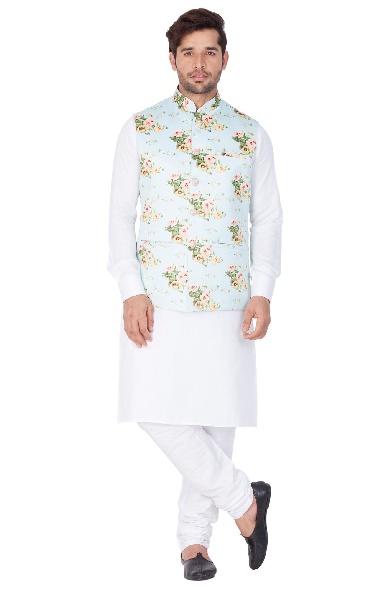 Men's White Cotton Blend Kurta, Ethnic Jacket and Pyjama Set