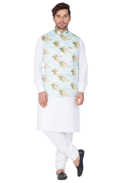 Men's White Cotton Blend Kurta, Ethnic Jacket and Pyjama Set