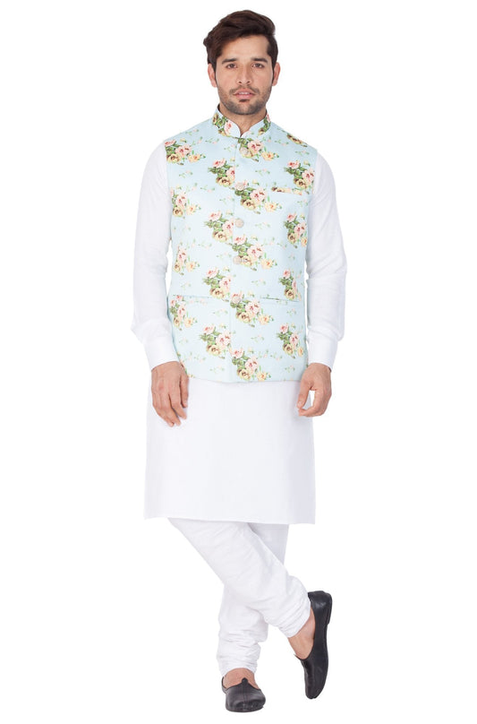 Men's White Cotton Blend Kurta, Ethnic Jacket and Pyjama Set