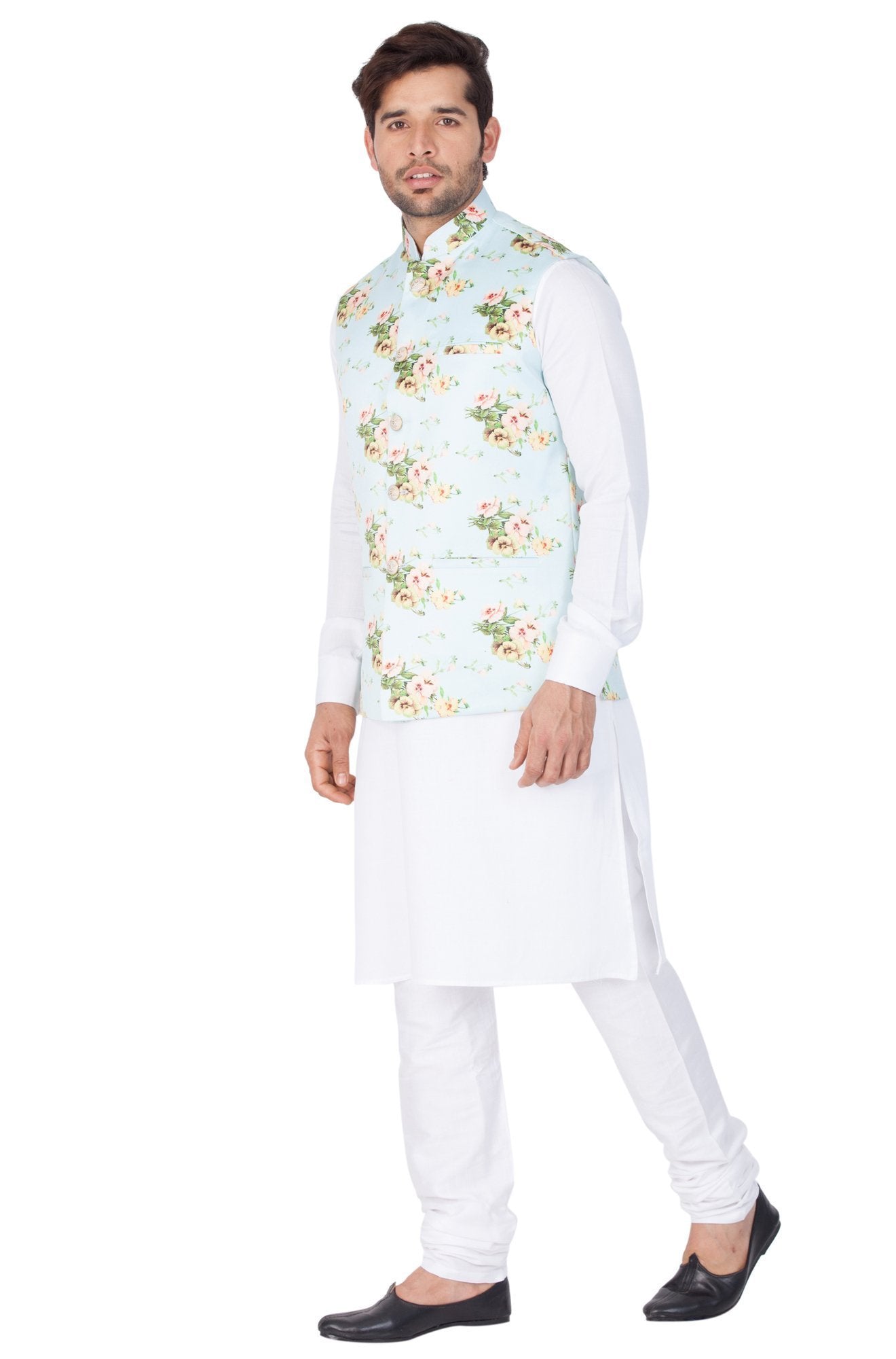 Men's White Cotton Blend Kurta, Ethnic Jacket and Pyjama Set