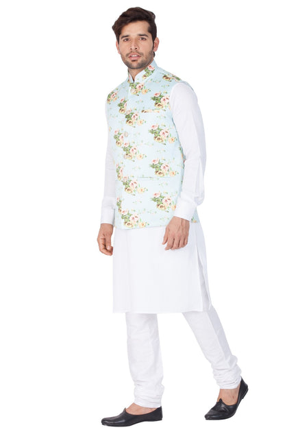 Men's White Cotton Blend Kurta, Ethnic Jacket and Pyjama Set
