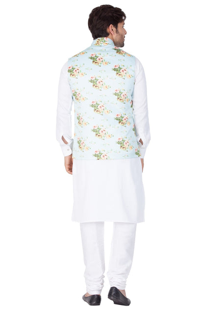 Men's White Cotton Blend Kurta, Ethnic Jacket and Pyjama Set
