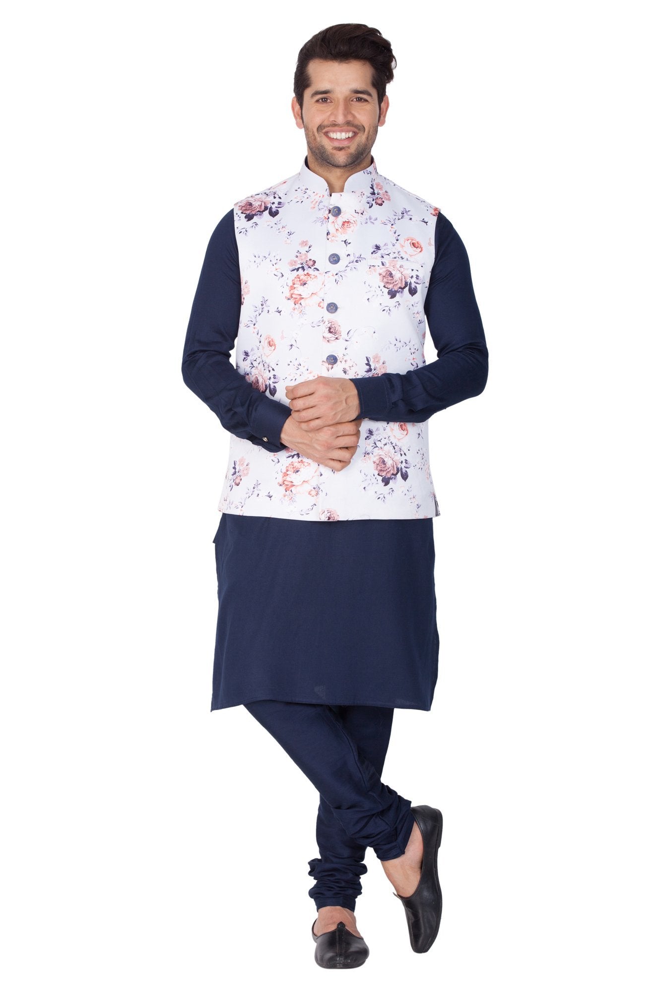 Men's Blue Cotton Blend Kurta, Ethnic Jacket and Pyjama Set