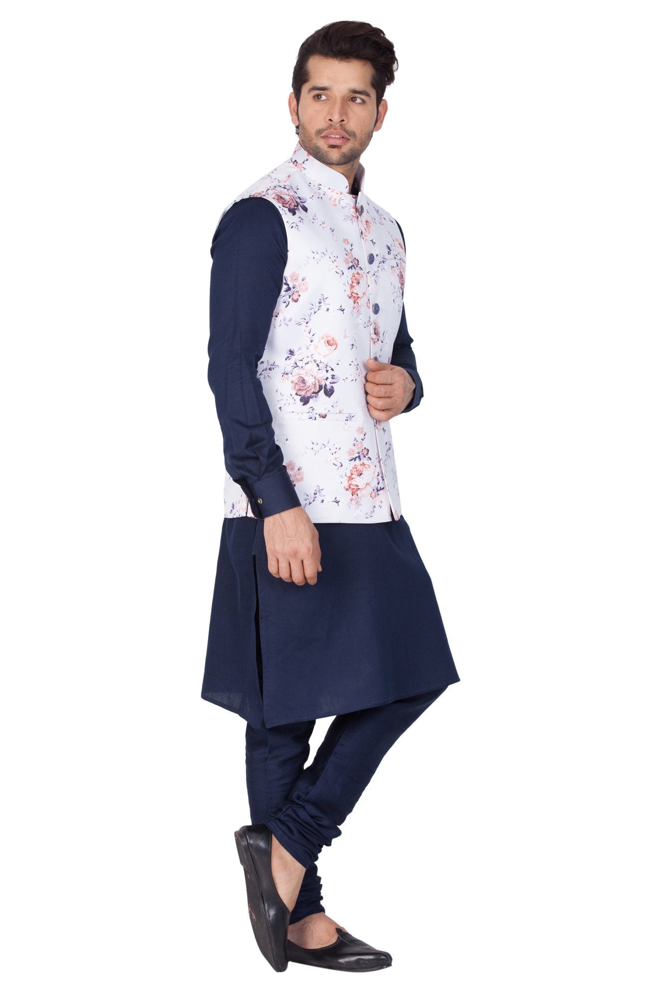 Men's Blue Cotton Blend Kurta, Ethnic Jacket and Pyjama Set