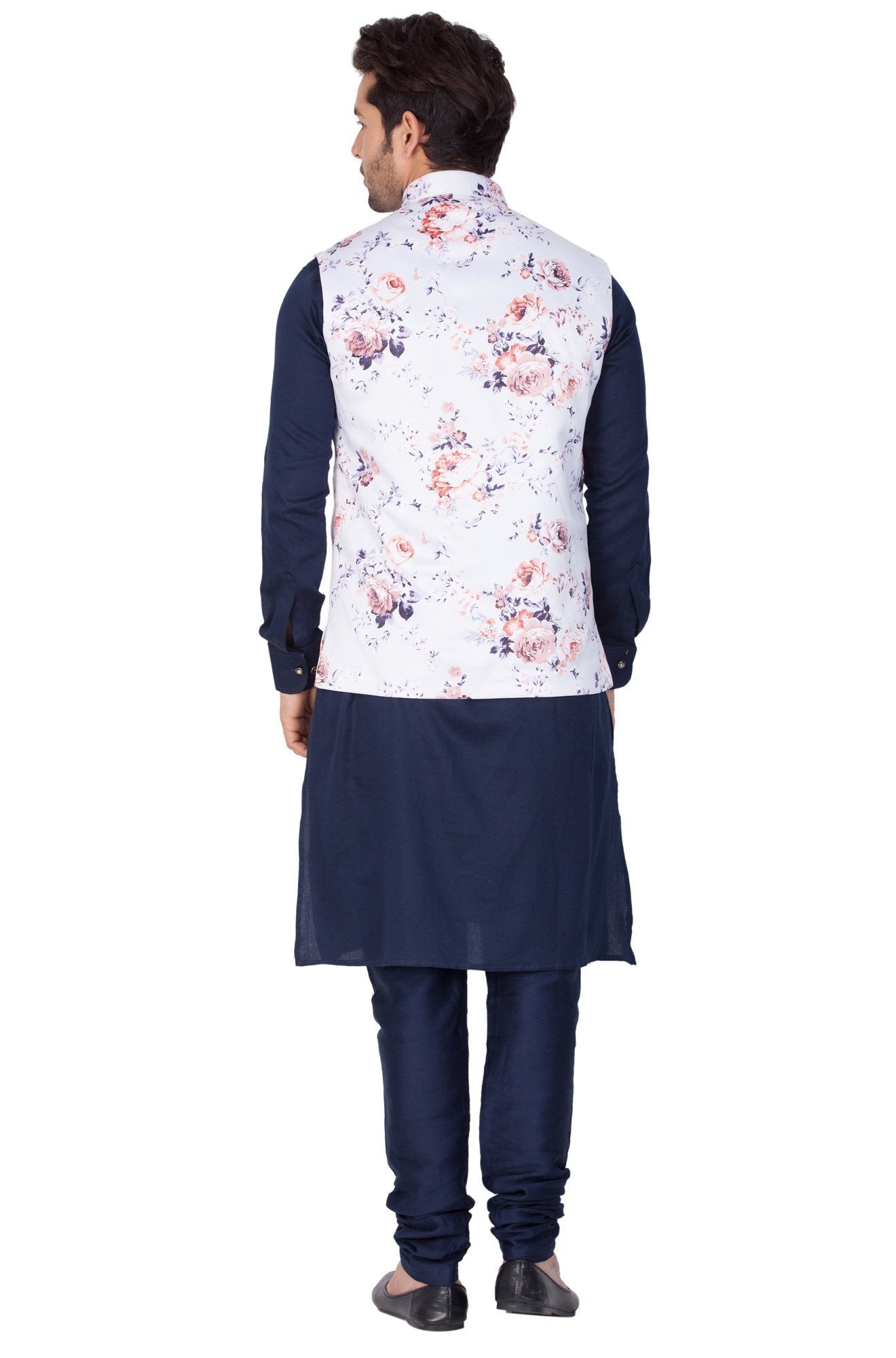Men's Blue Cotton Blend Kurta, Ethnic Jacket and Pyjama Set