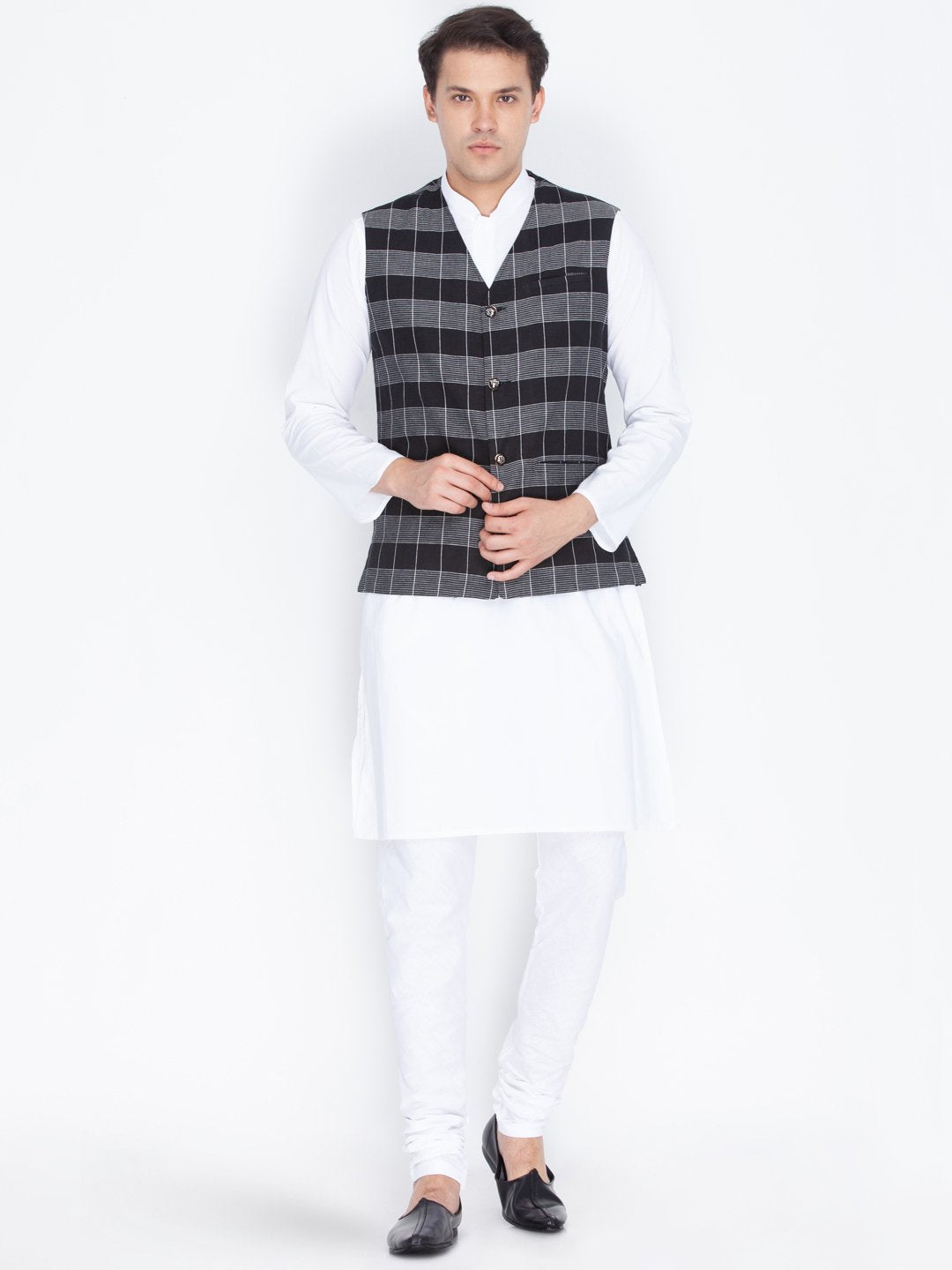 Men's Black Cotton Kurta, Ethnic Jacket and Pyjama Set