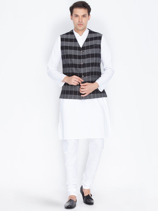 Men's Black Cotton Kurta, Ethnic Jacket and Pyjama Set