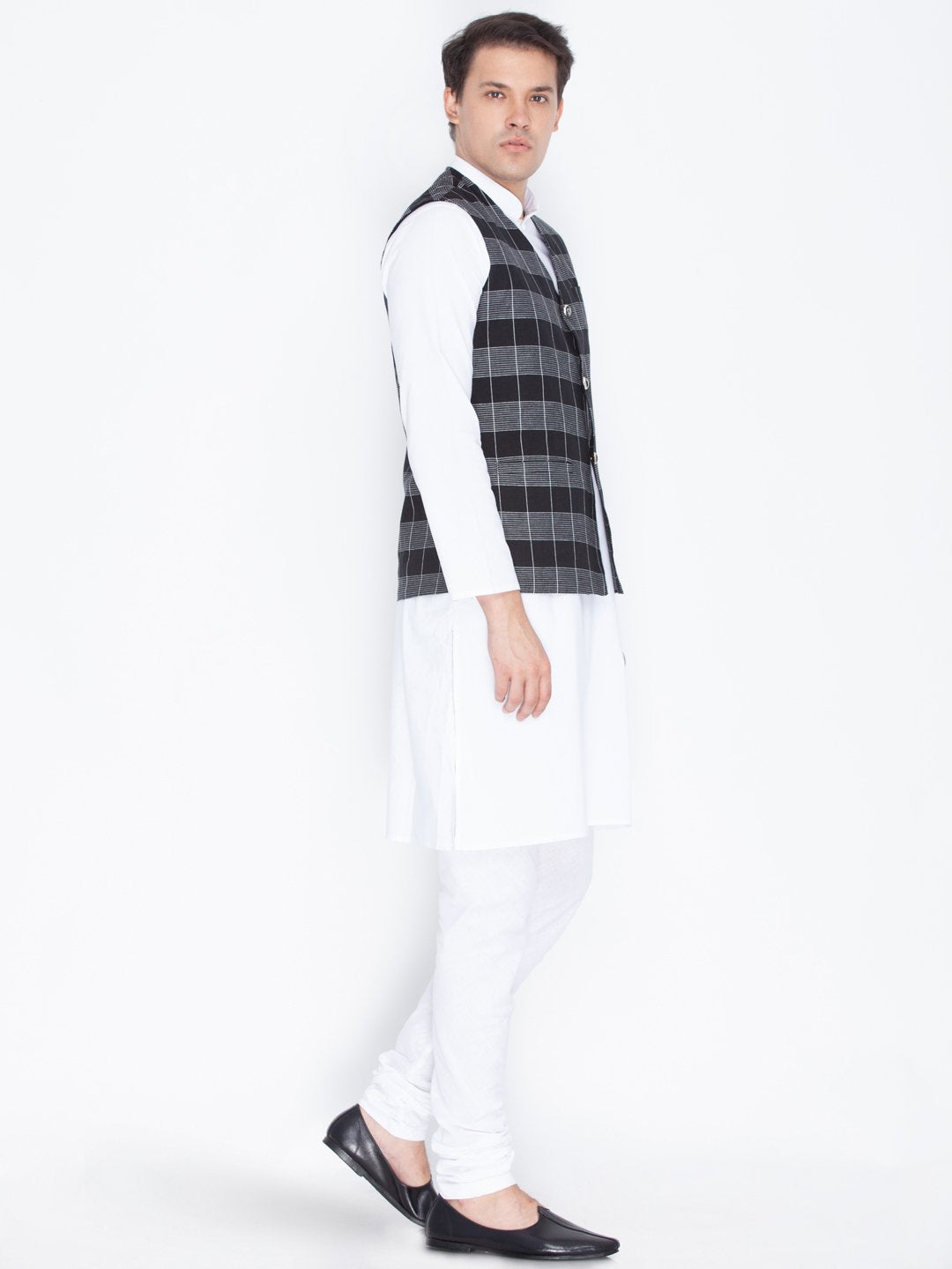 Men's Black Cotton Kurta, Ethnic Jacket and Pyjama Set