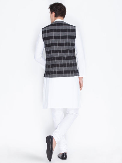 Men's Black Cotton Kurta, Ethnic Jacket and Pyjama Set