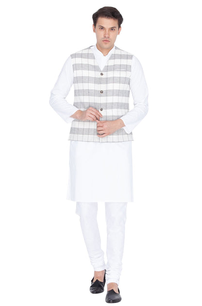 Men's White Cotton Kurta, Ethnic Jacket and Pyjama Set
