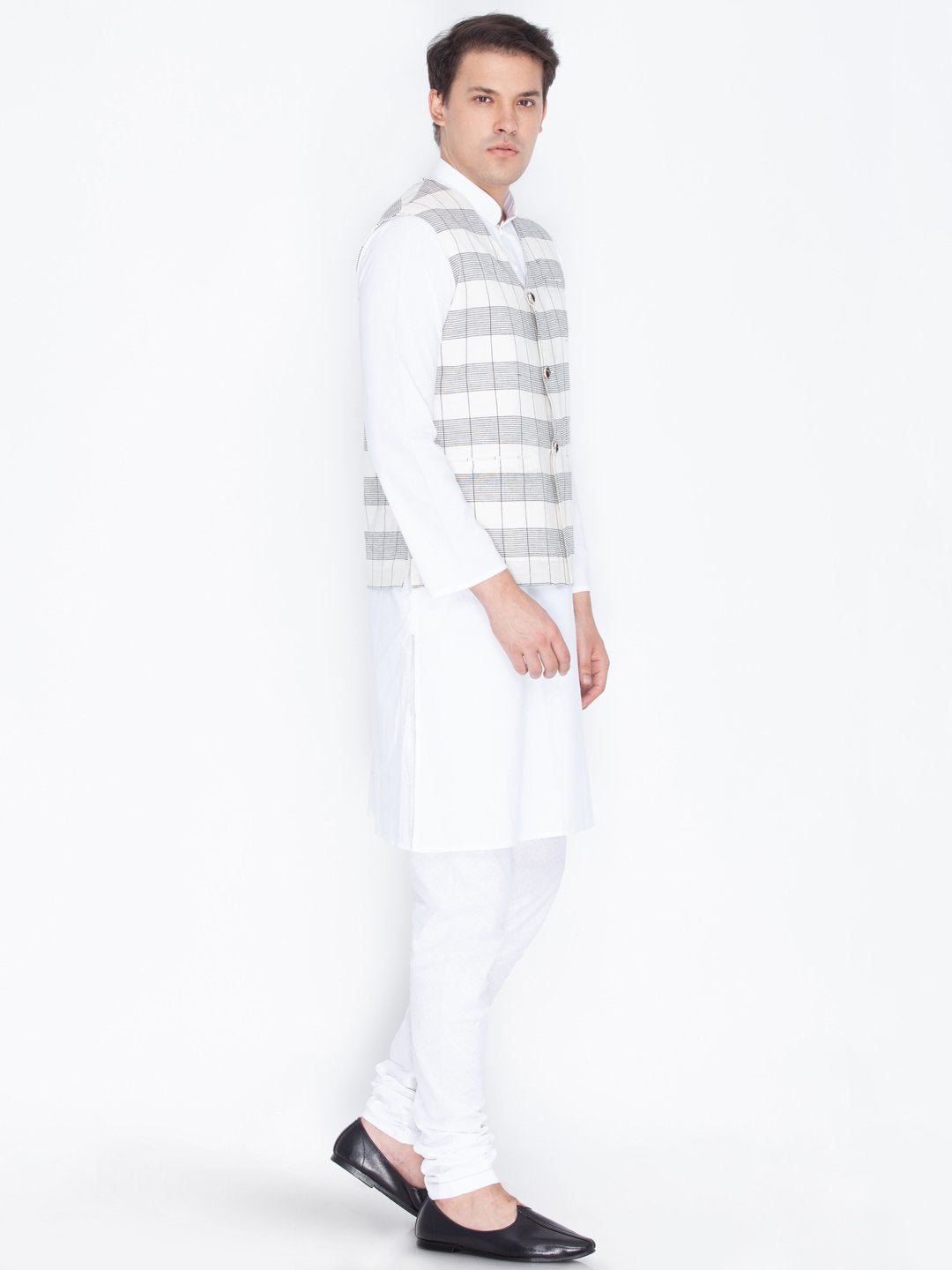 Men's White Cotton Kurta, Ethnic Jacket and Pyjama Set