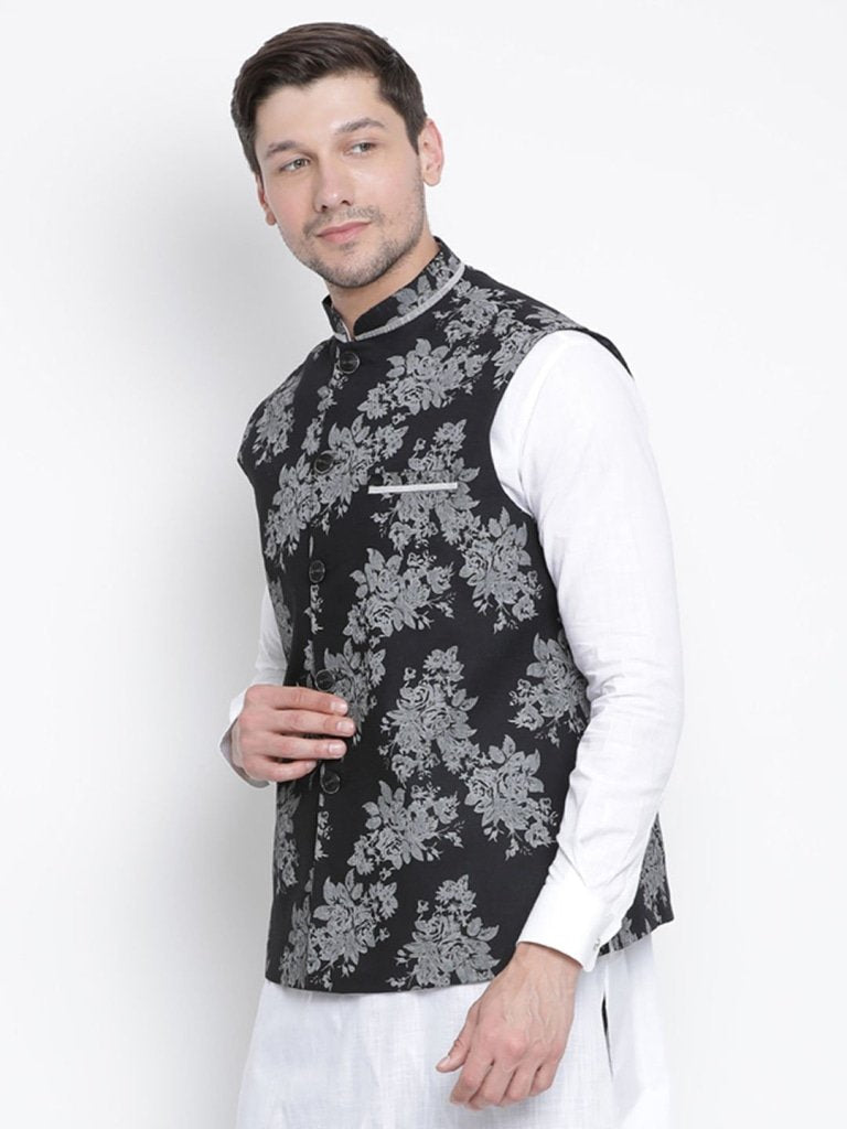 Men's Black Cotton Blend Ethnic Jacket